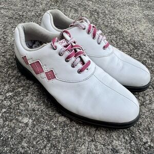 Footjoy Leather Golf Cleats Shoes 98508‎ Womens 9 M White Pink Soft Cleat Argyle